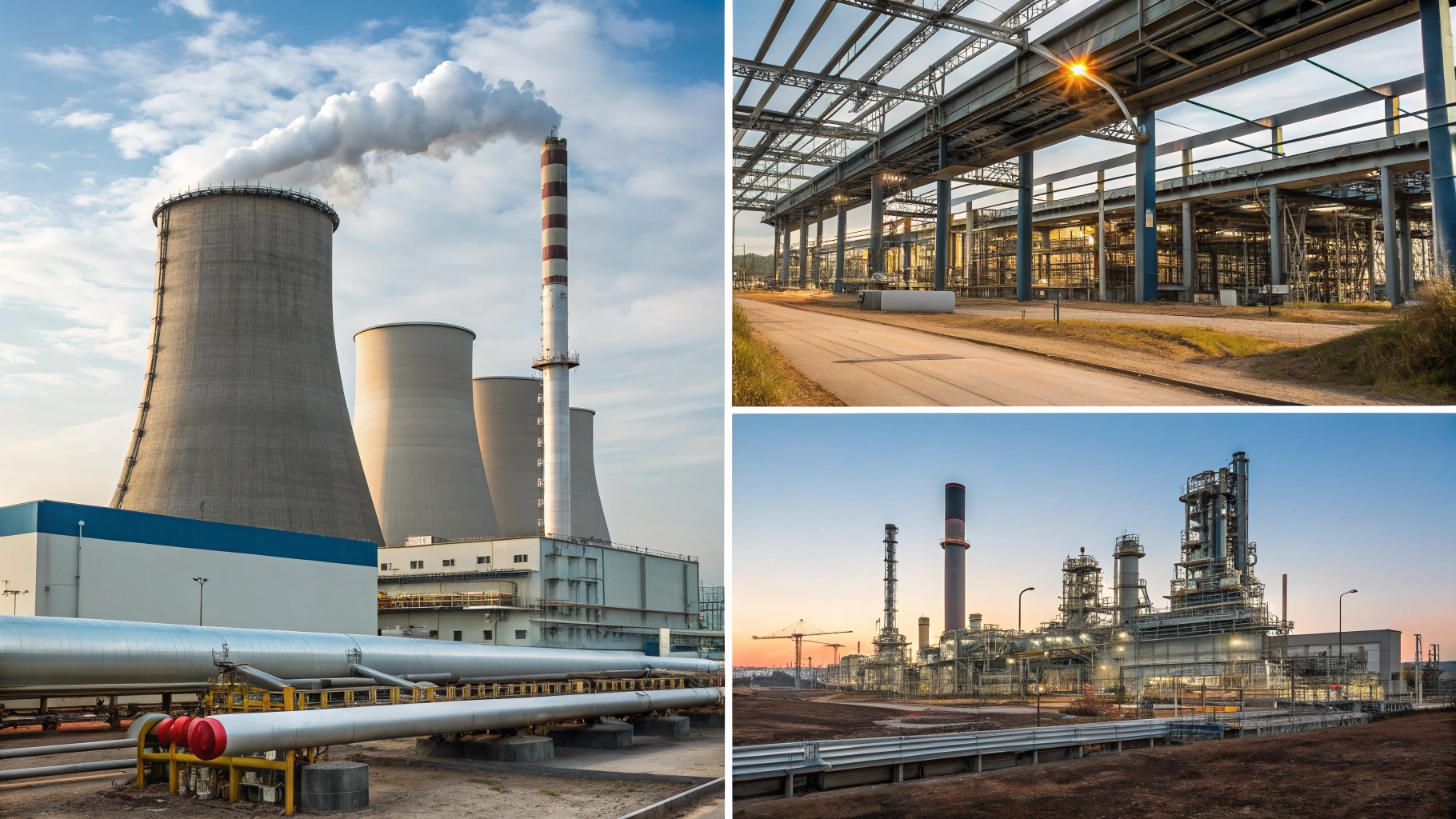 Industrial NDT testing collage showing refineries, pipe validation, heavy fabrication works, and power plant elements